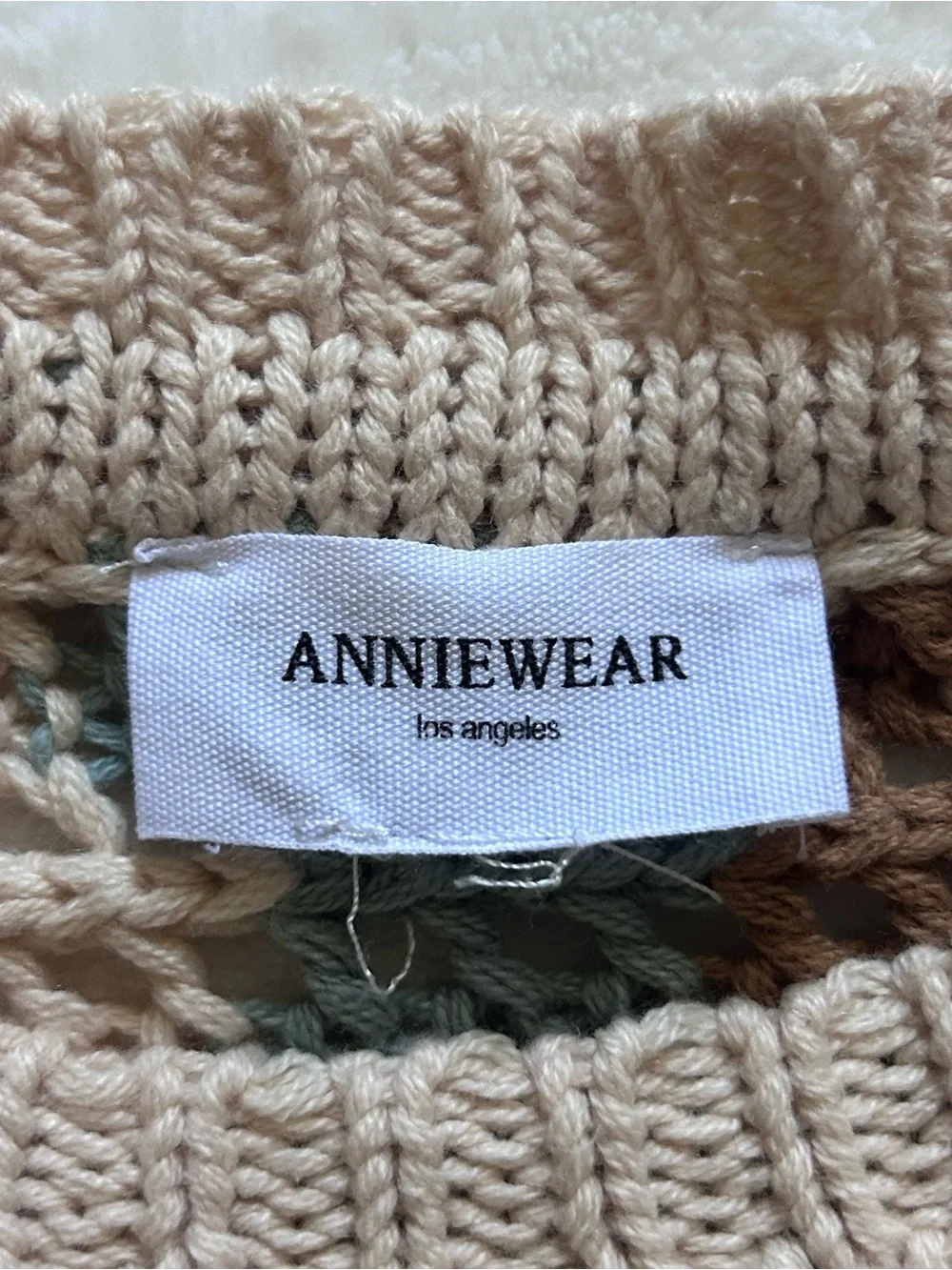 Anniewear Crochet Open Knit Longsleeve Pullover Sweater Earth Tones Cotton Large